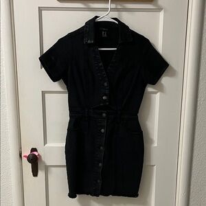 Black Short-Sleeve Button-Front Mini Dress